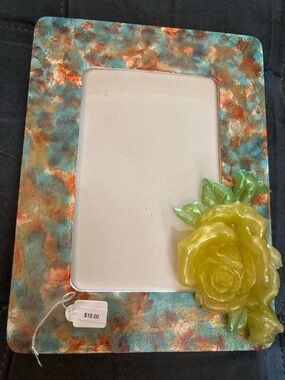 Handmade Decorative Resin Turquoise & Orange Floral Frame with YellowRose Accent